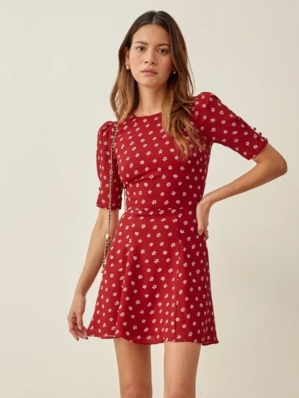 Reformation Bard Dress Red Floral Short Sleeve Fit & Flare